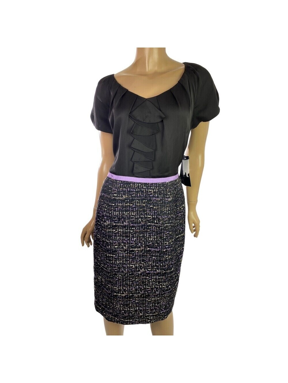 Jones New York Sheath Dress "Polished Drama" Size 12 Short Sleeve Black & Purple